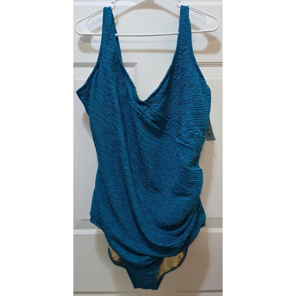 Penbrooke Krinkle Swimsuit 24W Dark Teal Textured Tummy Control 70028X NWT